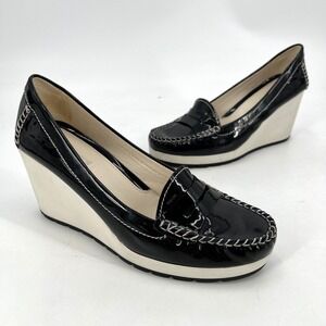 Geox Dori2 Black Patent White Wedge Penny Loafers Size 42 Retro Preppy Size 10.5